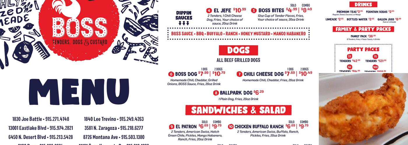 Boss Tenders, Dogs & Custard Menu