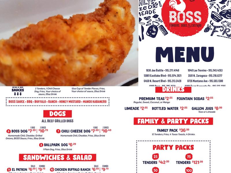 Boss Tenders, Dogs & Custard Menu