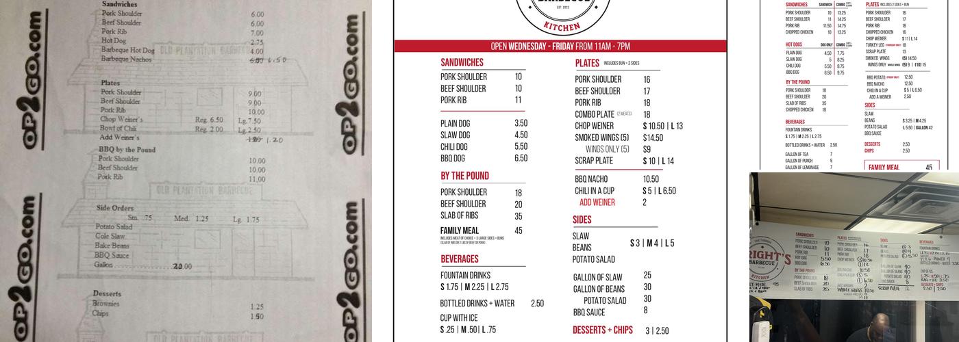 Wright's Barbecue Kitchen Menu