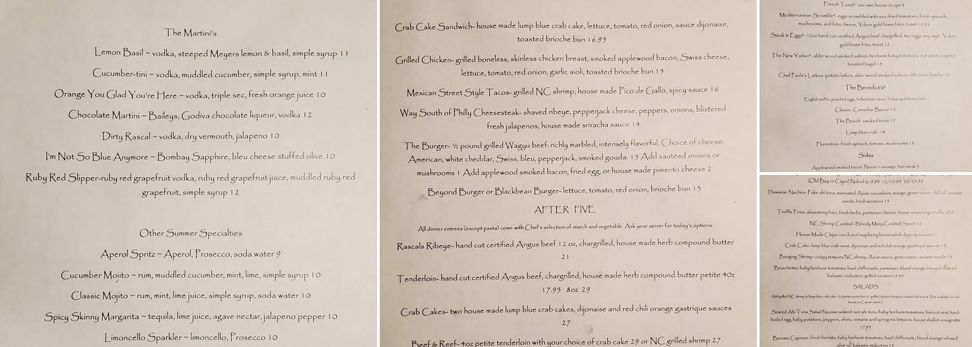 Rascals Bar and Grille Menu