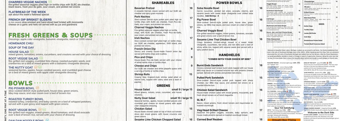 Sister Lakes Brewing Company Menu