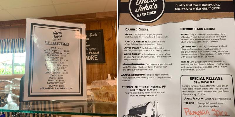 Uncle John's Cider Mill Menu