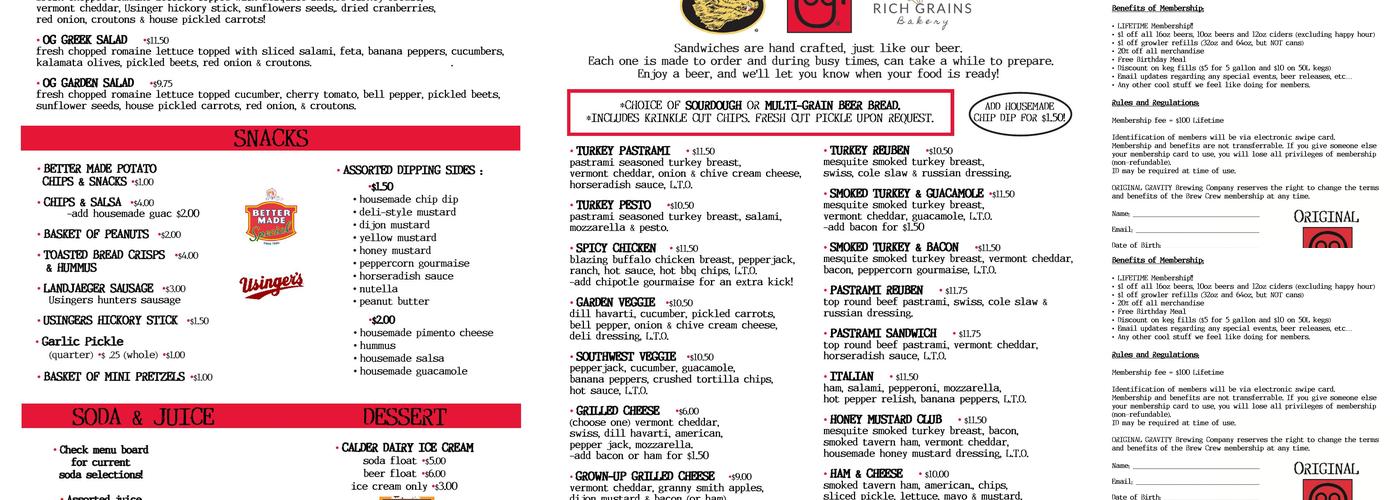 Original Gravity Brewing Co Menu