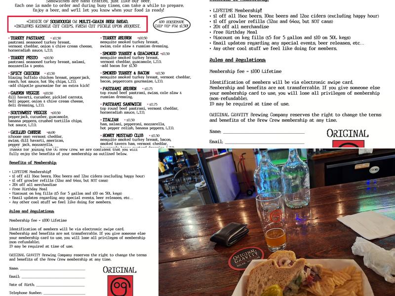 Original Gravity Brewing Co Menu