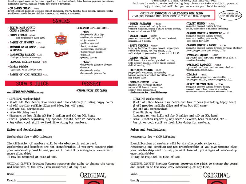 Original Gravity Brewing Co Menu