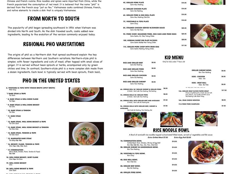 Tony Pho Vietnamese Restaurant Noodle soup and Grill Menu