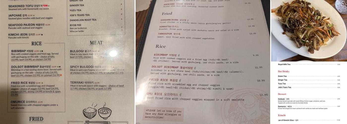 Soban Korea Menu