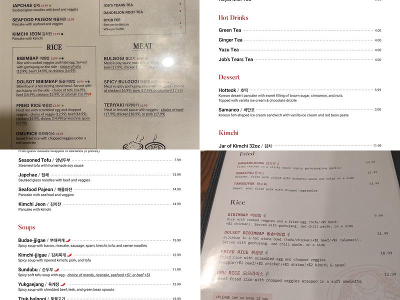 Soban Korea Menu