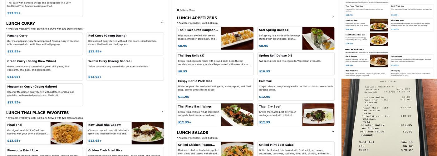 Thai Place Menu