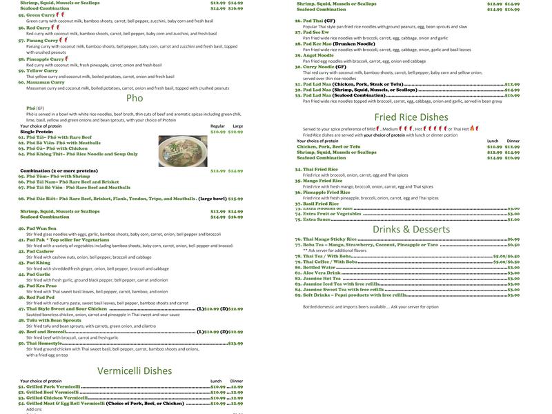 Jasmine Rice Thai Restaurant Menu