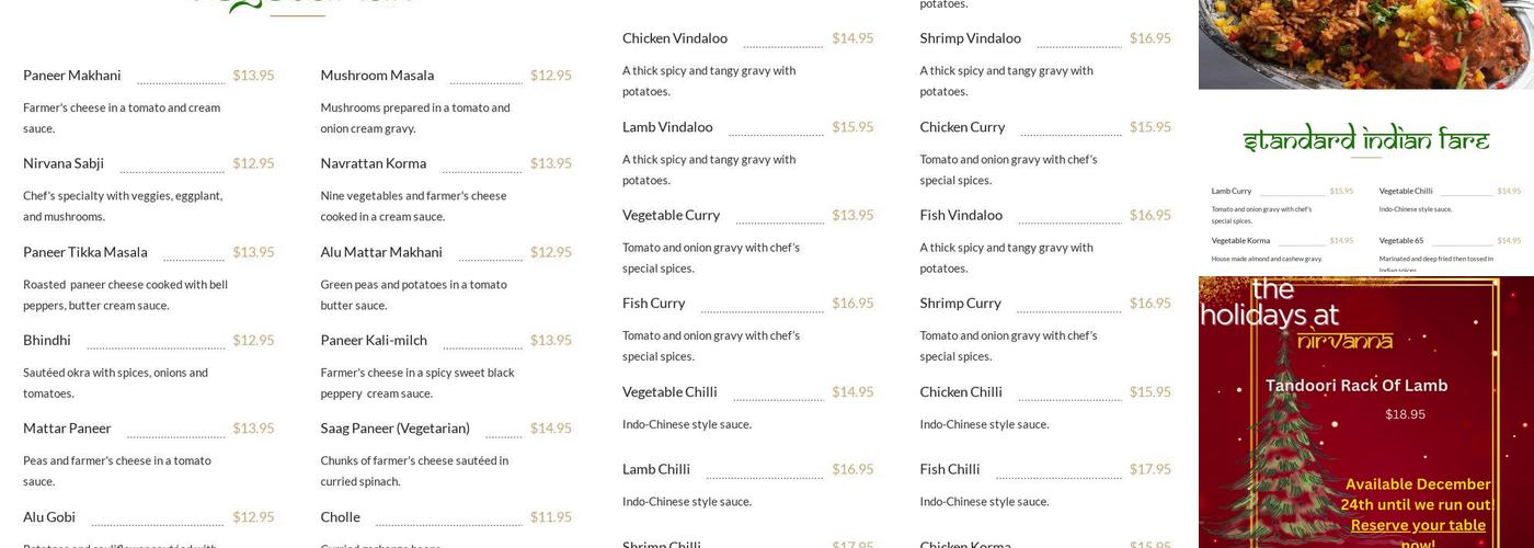 Nirvana Indian Cuisine Menu