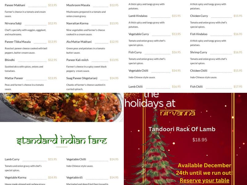 Nirvana Indian Cuisine Menu