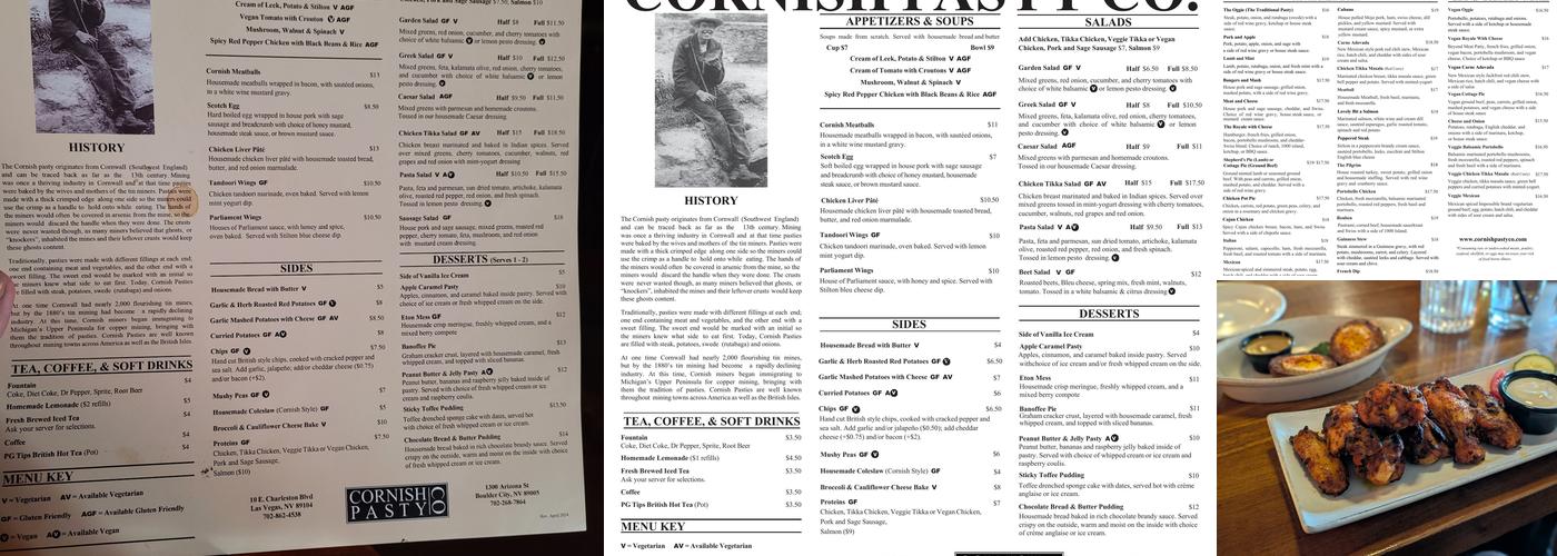 Cornish Pasty Co Menu