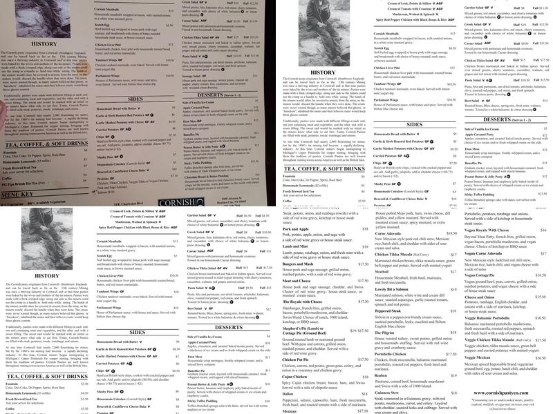Cornish Pasty Co Menu