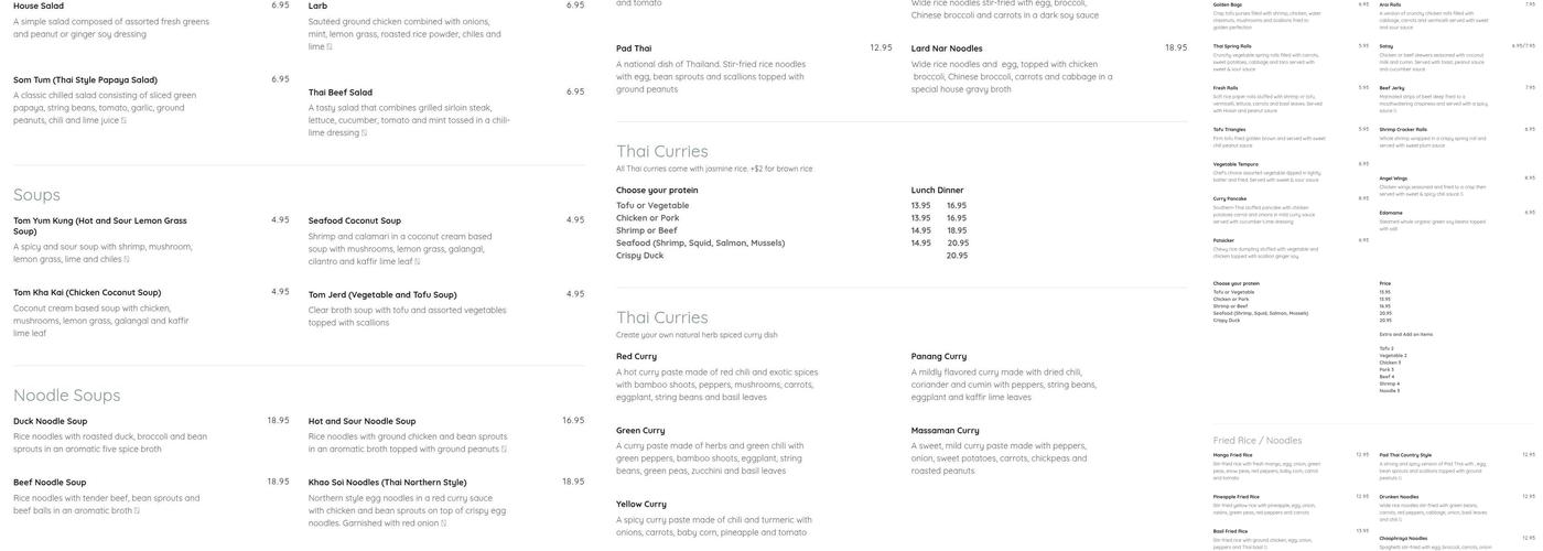 Map of Thailand restaurant Menu