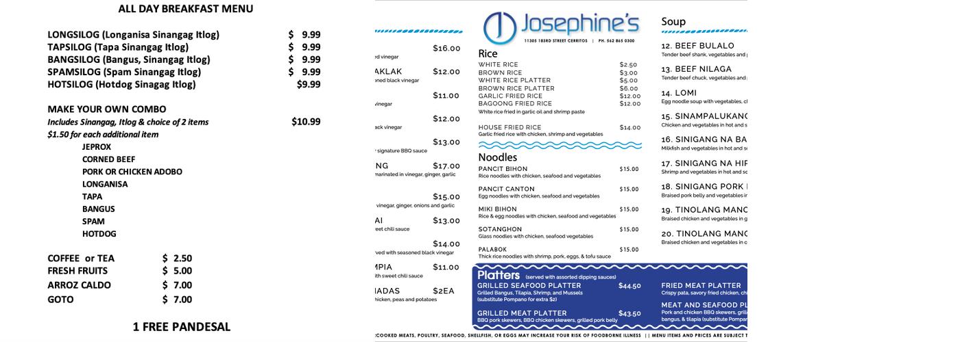 Josephine's Cerritos Menu