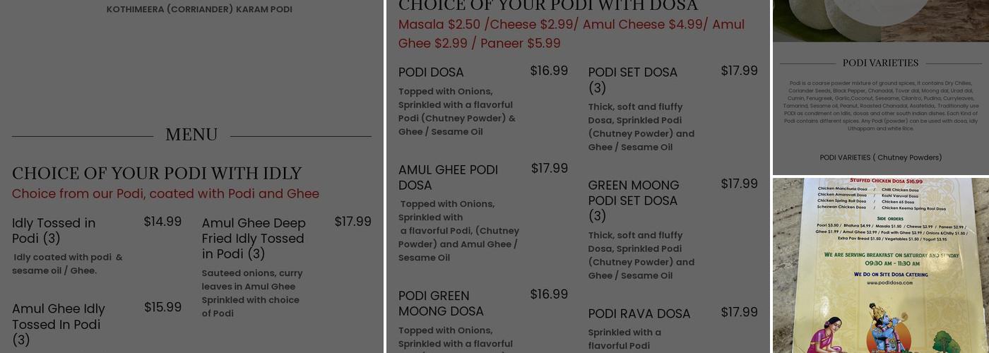 Podi dosa Menu