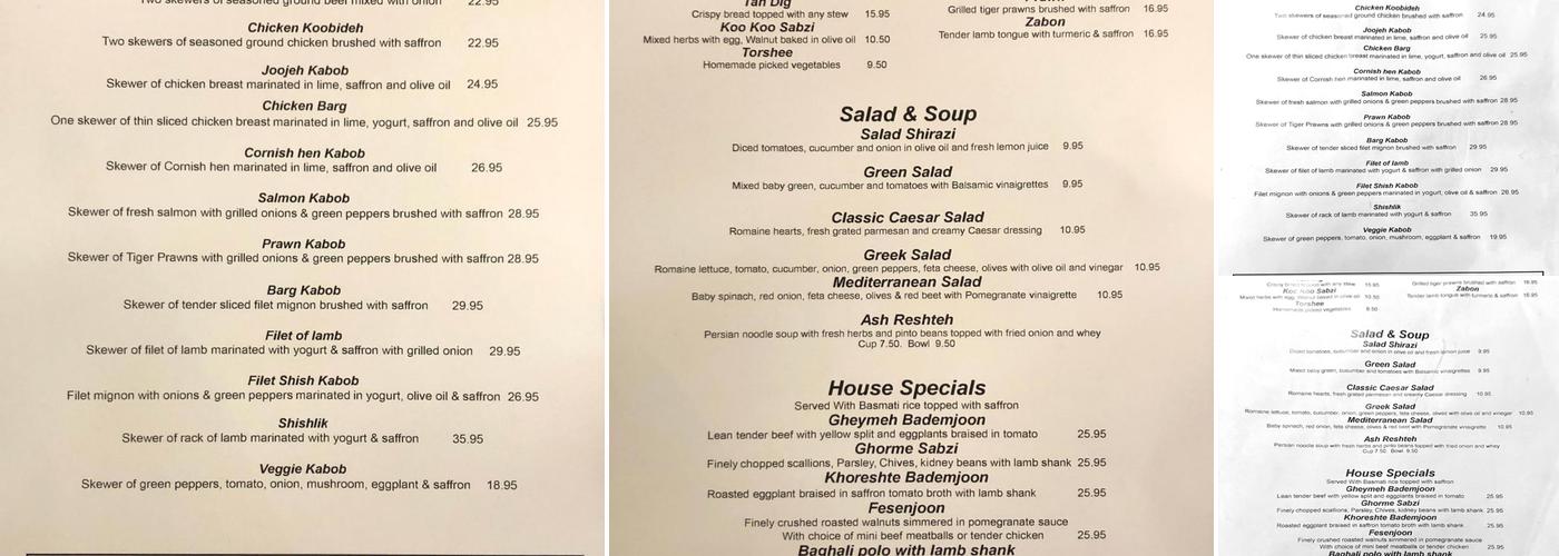 Alborz Restaurant Menu