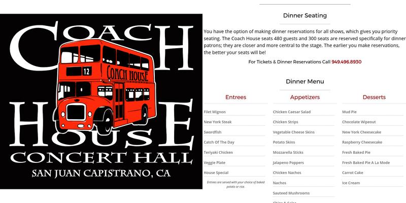 The Coach House Concert Hall Menu