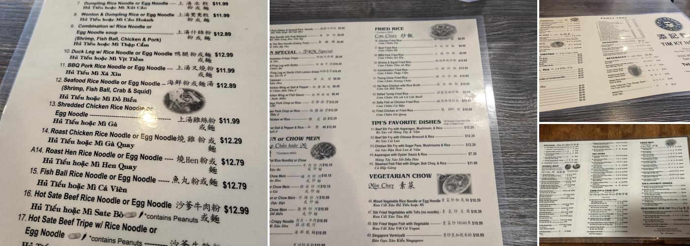 Tim Ky Noodle Menu