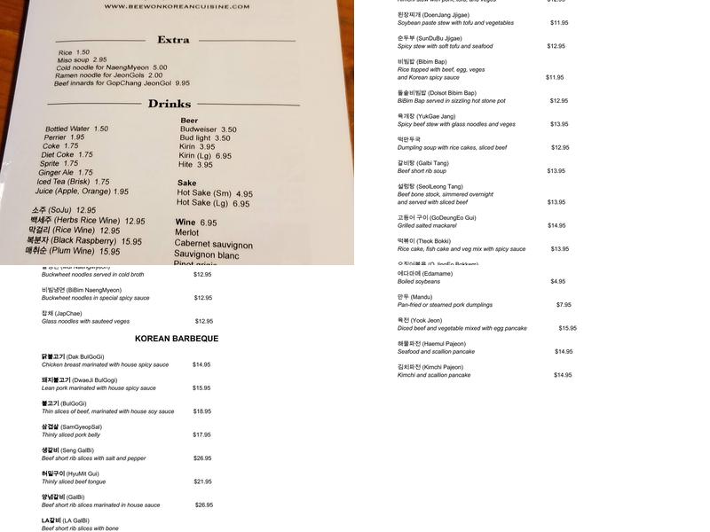 Bee Won Korean Menu