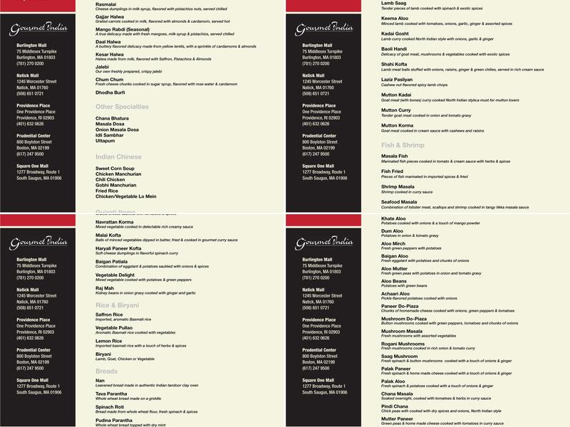 Gourmet India Menu