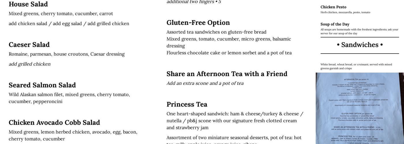 Tilly's Tea Room Menu