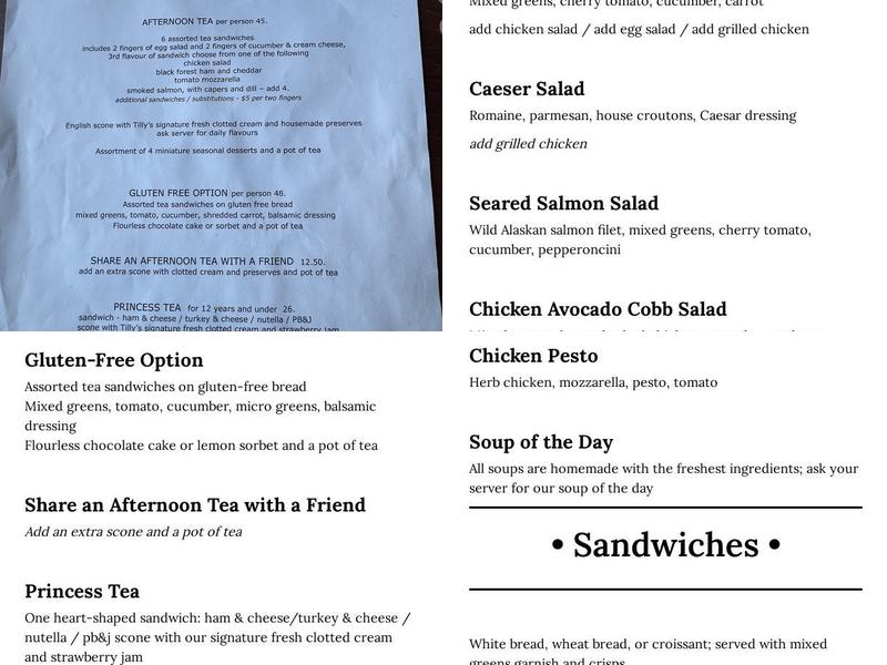 Tilly's Tea Room Menu
