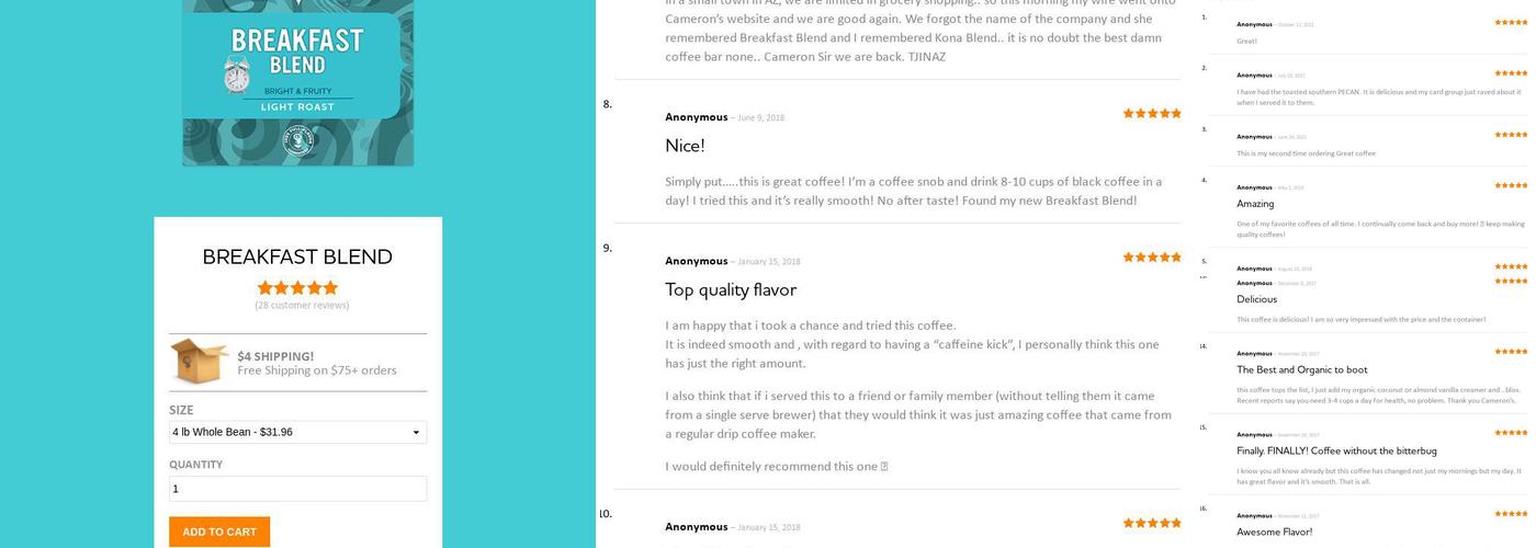 Cameron's Coffee Menu