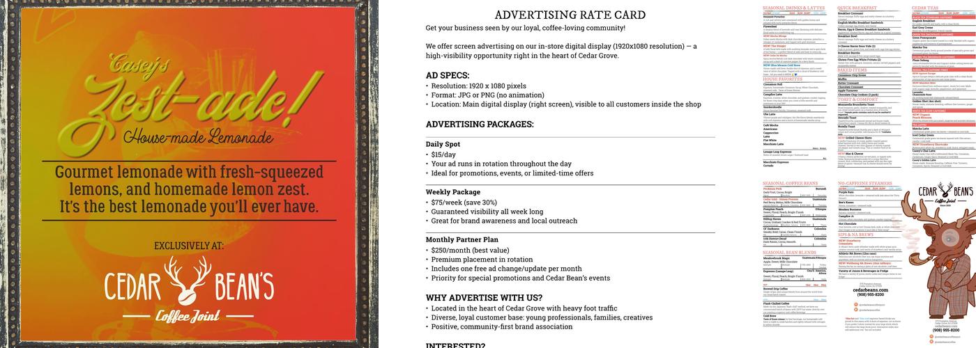 Cedar Bean's Coffee Joint Menu