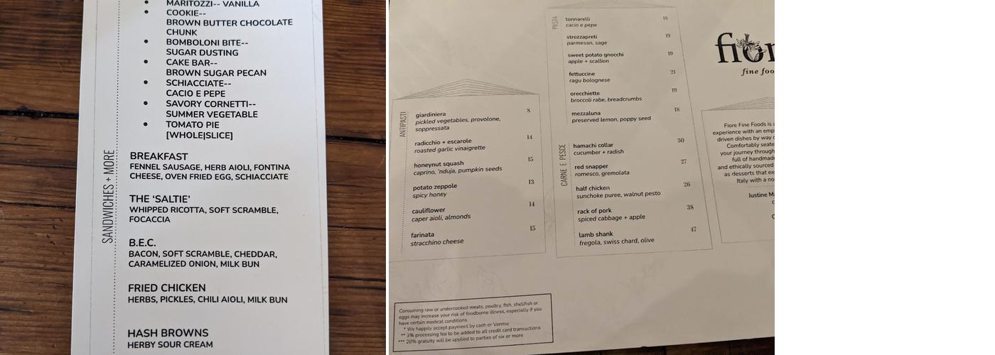 Fiore Fine Foods Menu