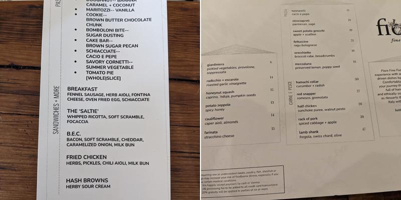 Fiore Fine Foods Menu