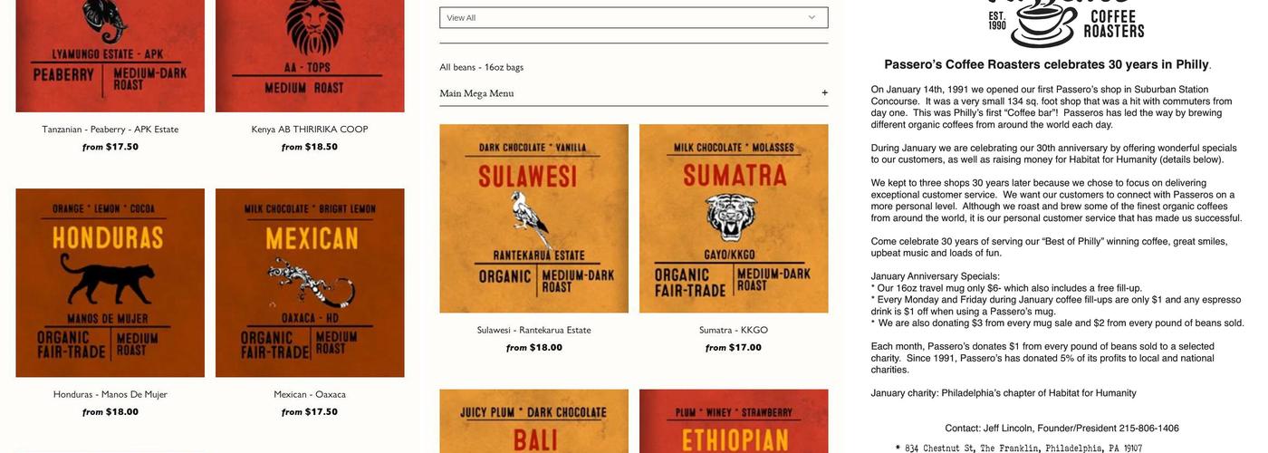 Passero's Coffee Roasters Menu