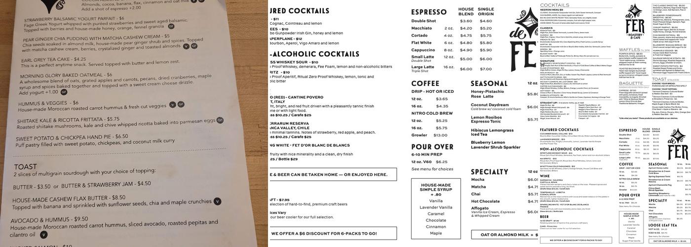 De Fer Coffee & Tea Menu