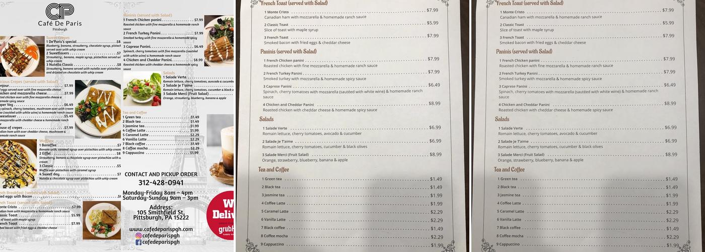 Cafe De Paris Menu