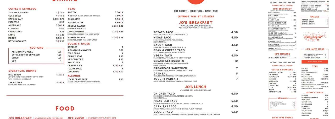 Jo's Coffee – South Congress Menu