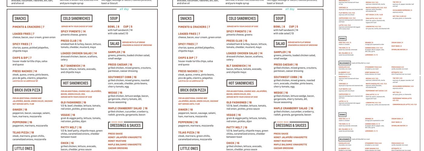 Press Cafe Menu