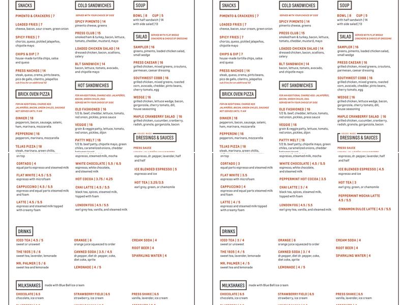 Press Cafe Menu