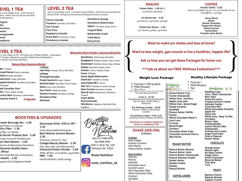 Roots Nutrition Menu