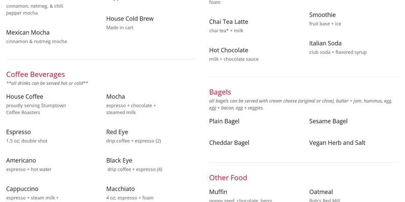 Bow Tie Baristas Menu