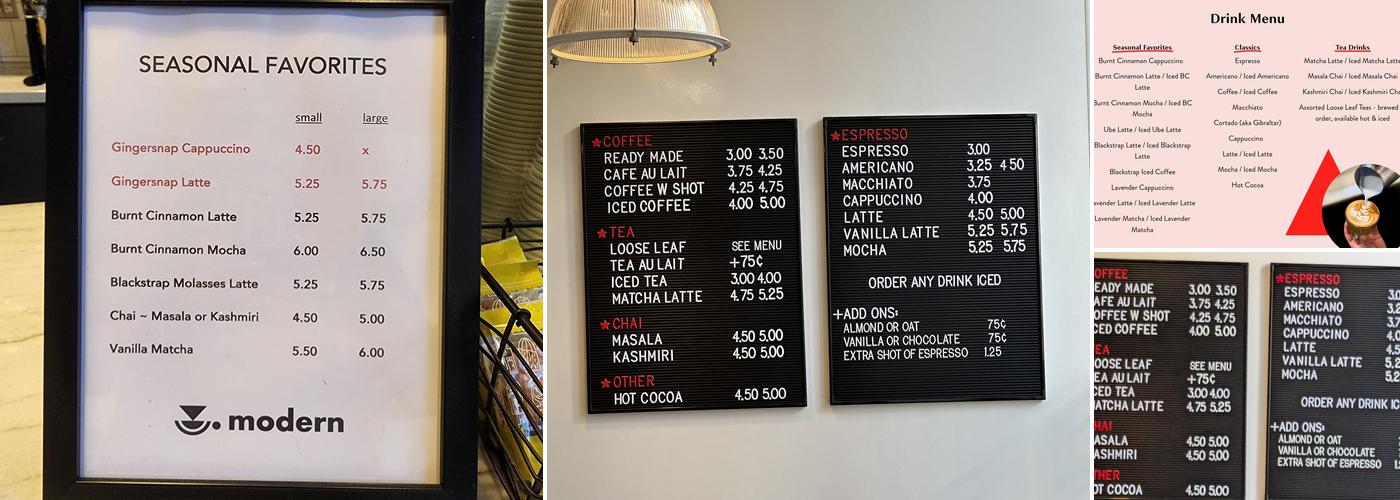 modern coffee Menu