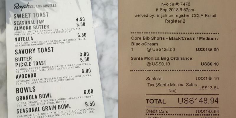 Rapha Los Angeles Menu