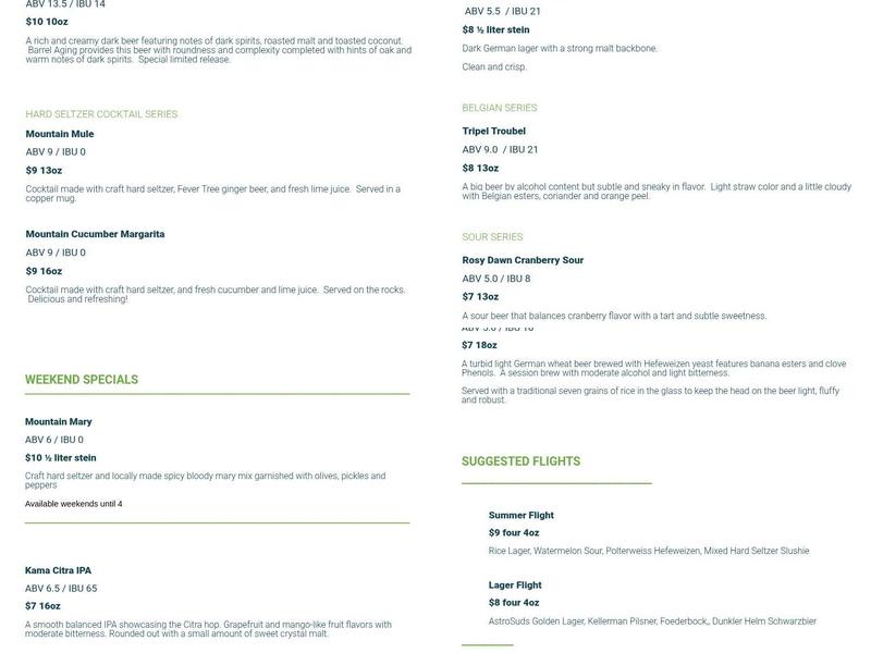 Green Mountain Beer Company Menu