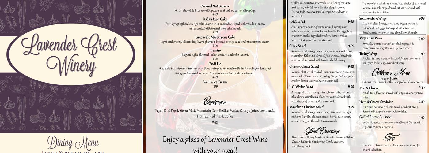 Lavender Crest Winery Menu
