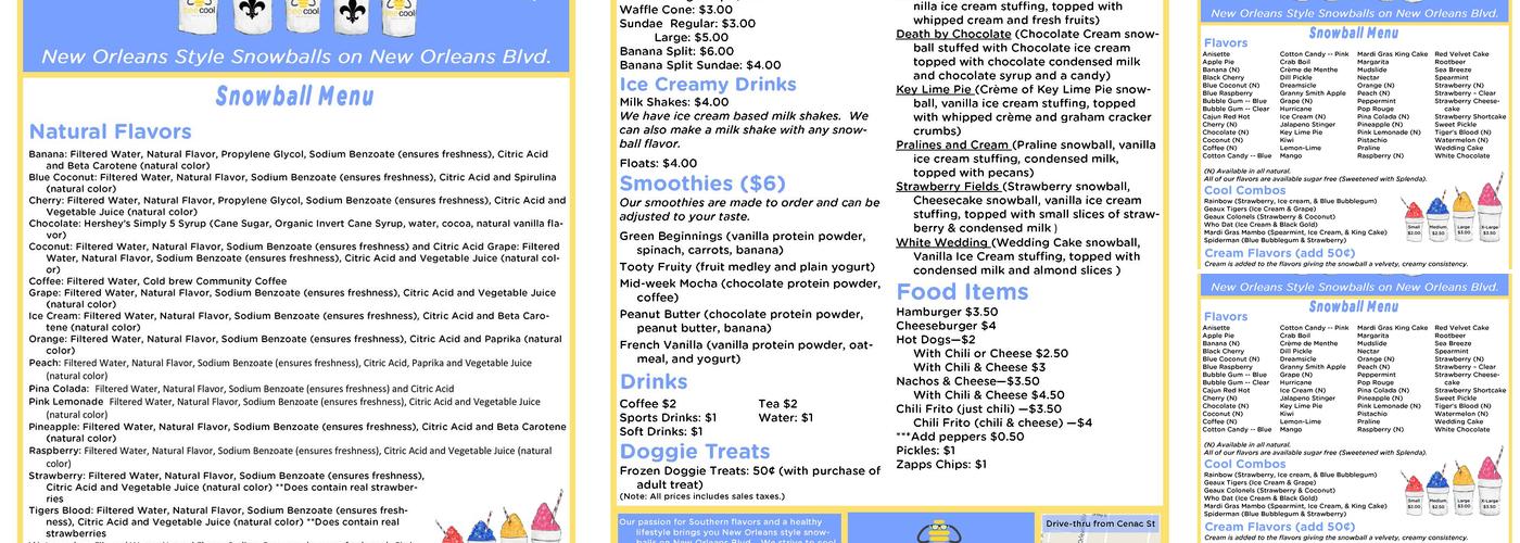 Bee Cool Snowballs Menu