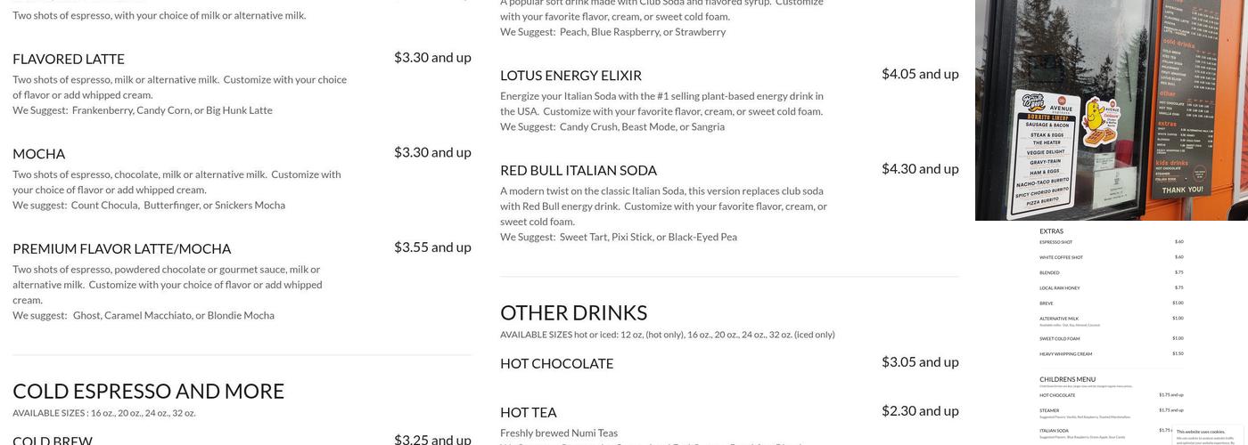 Avenue Espresso grand mound Menu