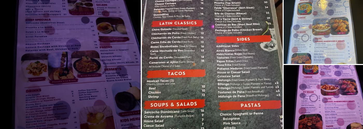 Paradise Latin Grill Menu