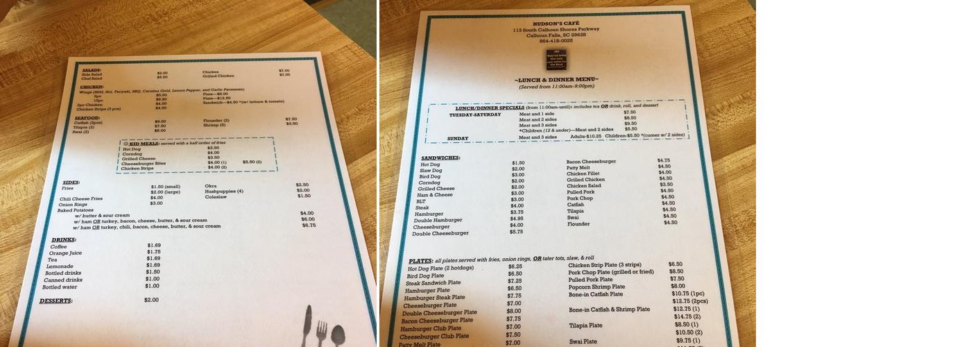 Hudson's Cafe Menu