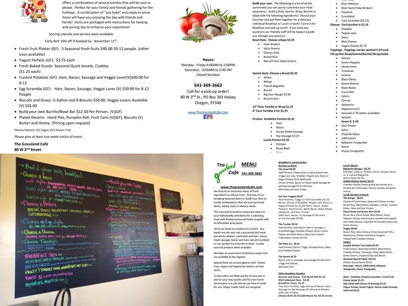 The Grassland Cafe Menu