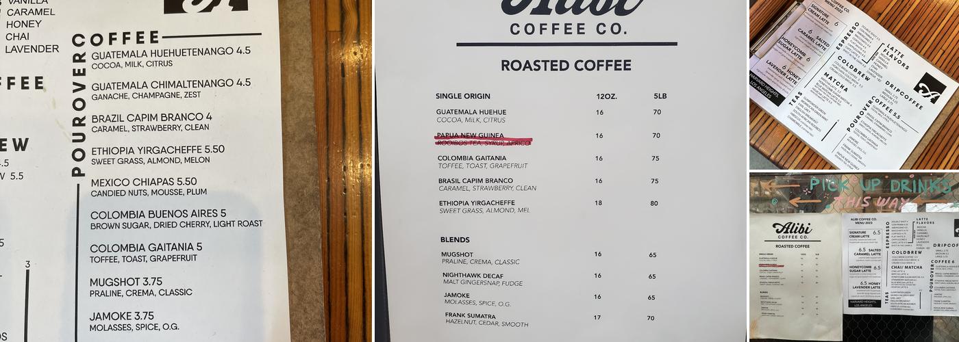 Alibi Coffee Co. Menu